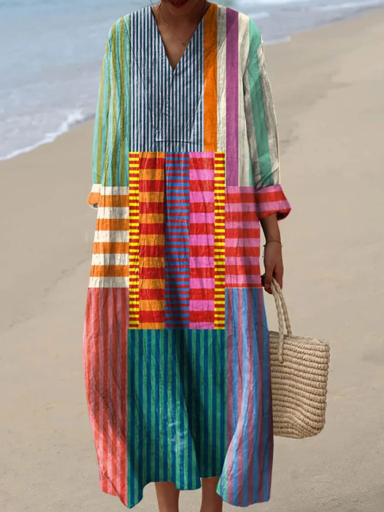 Women's Vintage Geometric Pattern Art Print Cotton Dress